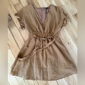 NWOT ZARA Linen Blend Ruffle Sleeve Belted Wrap Dress Tan Size L